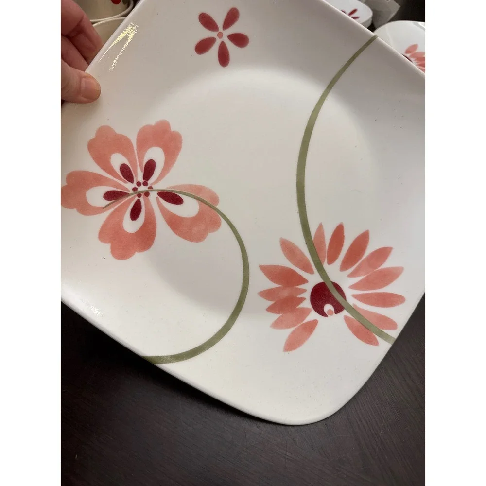 Corelle Kyoto Night Square Dinner Plate 10.5 Pink‎ Floral Vitrelle Glass USA
